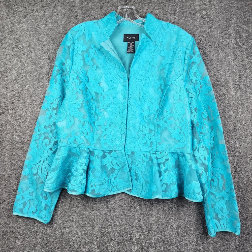 Ashro Peplum Jacket Womens 14 Turquoise Floral Burnout Hook & Eye Mock Neck